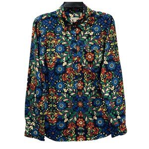 Merona Blue Dark Floral Tunic Top Womens L Blouse Boho Flowy Artsy Whimsy Career
